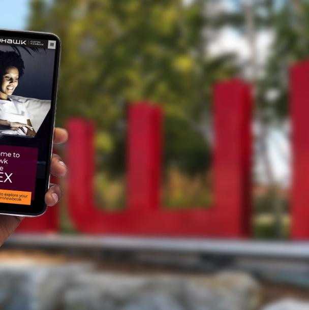 someone holding a mobile phone with custom viewbook